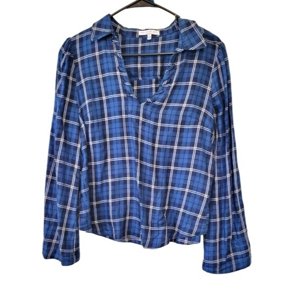 Current Air Blue Plaid Blouse Flare Sleeve Tencel Lyocell Size Small - Picture 1 of 5